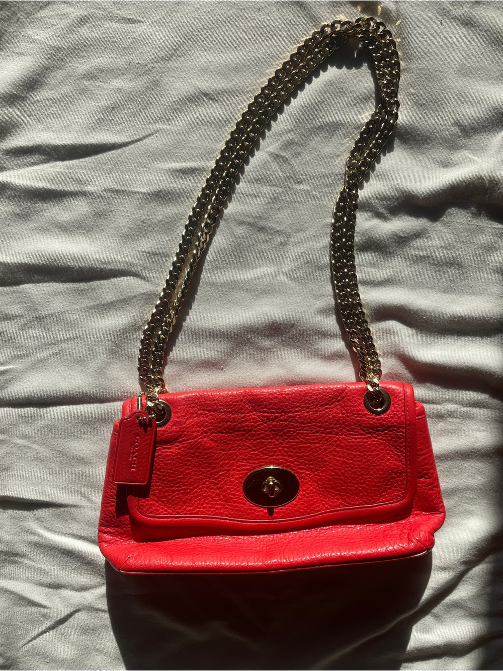 Coach Vibrant Red Leather Shoulder Bag with Gold Chain